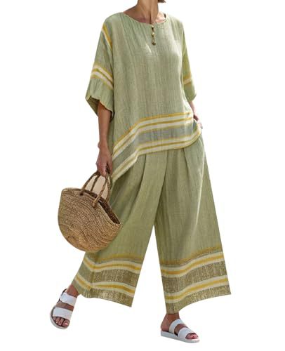 Women's Striped Print Crewneck 3/4 Sleeve Top & Pants Casual Set