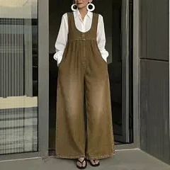 Washed Denim Bucket Vest and Wide-Leg Pants Set