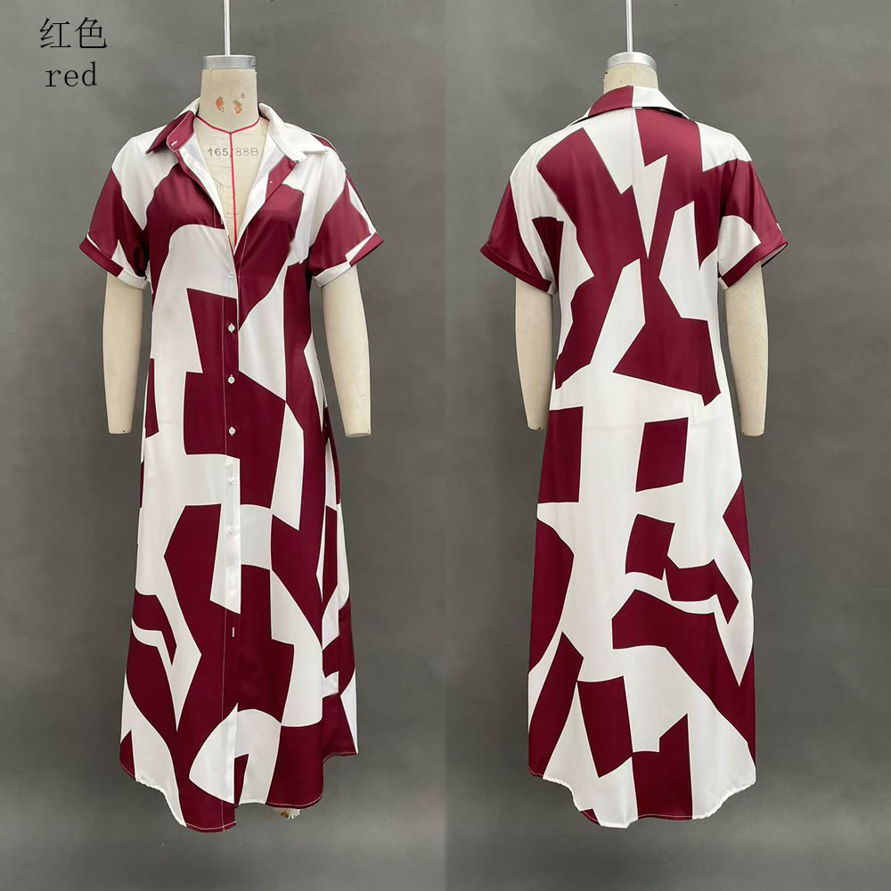 Geometric Print Shirt Dress Short Sleeve Long Casual Vacation Dress