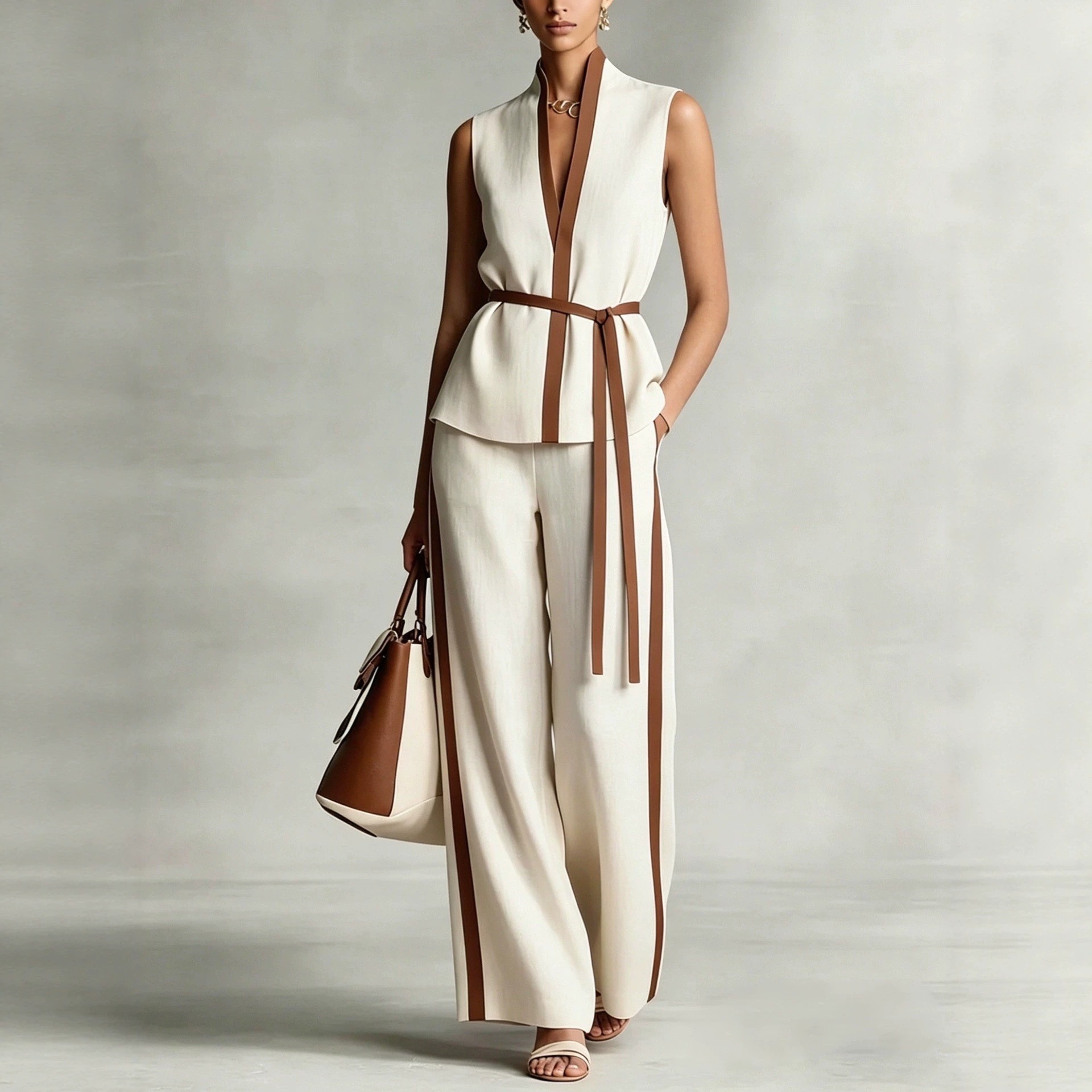 Women's Sleeveless Colorblock Top & Wide-Leg Pants Set