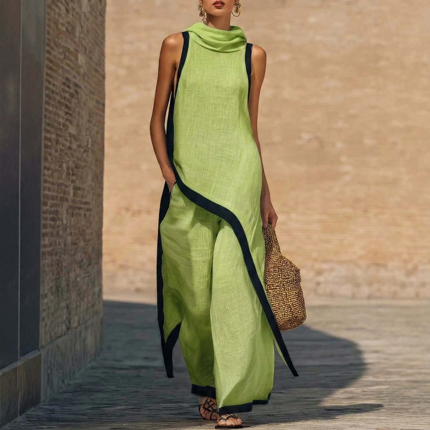 Women's Sleeveless Top and Wide-Leg Pants Two-Piece Set with Asymmetrical Details
