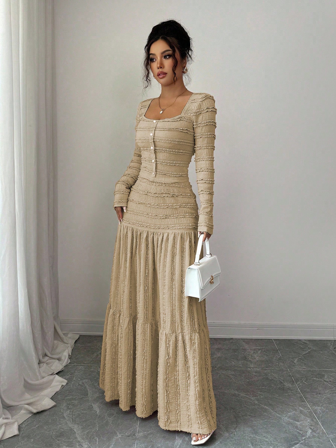Women's Solid Lace Square Neck Button-Front Long Sleeve Long Dress