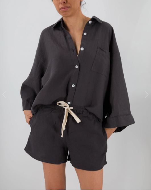 Cotton-Linen American Style Cardigan Long-Sleeve Shorts Set