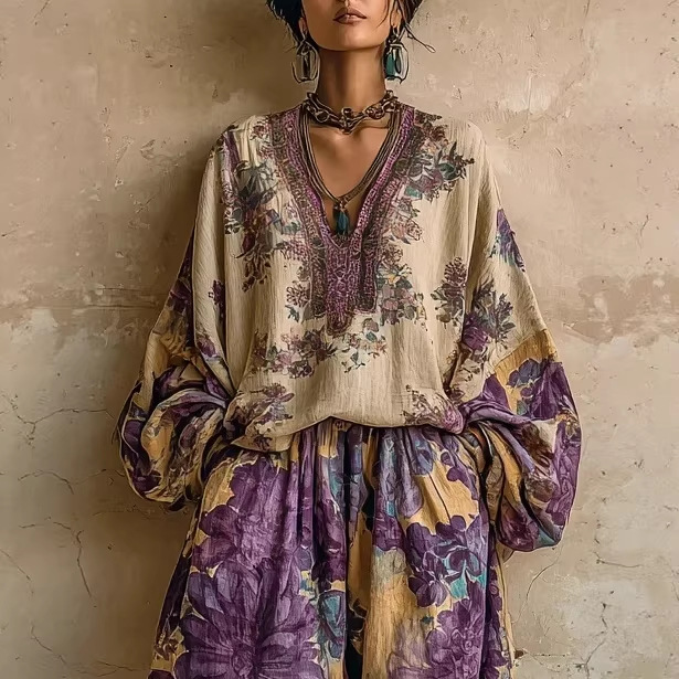 Women's Printed Vintage Two-Piece Set – Loose Casual Shirt & Top