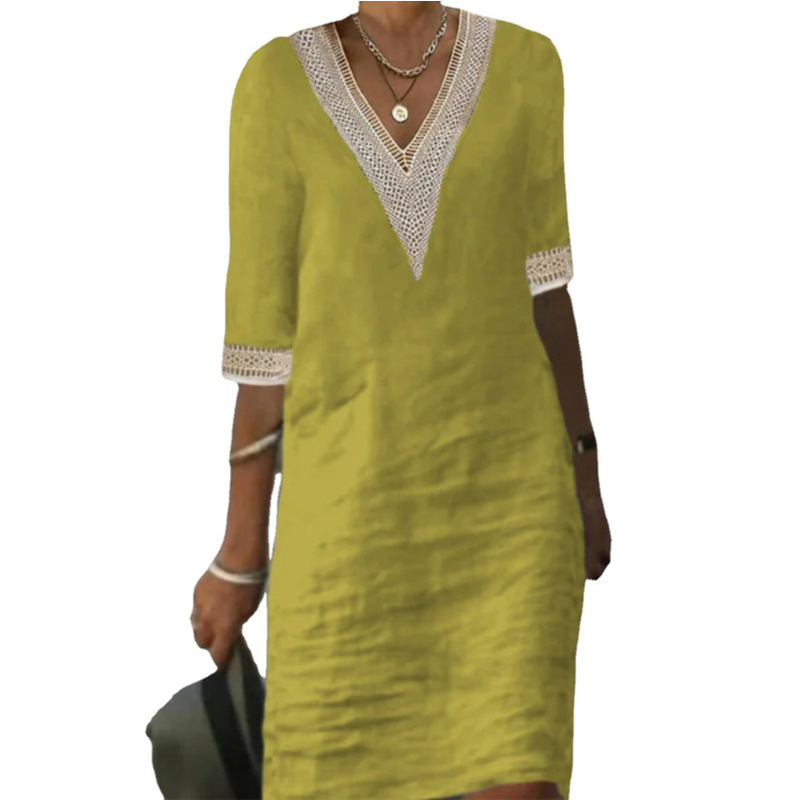 Women's Solid V-Neck Half-Sleeve A-Line Midi Dress