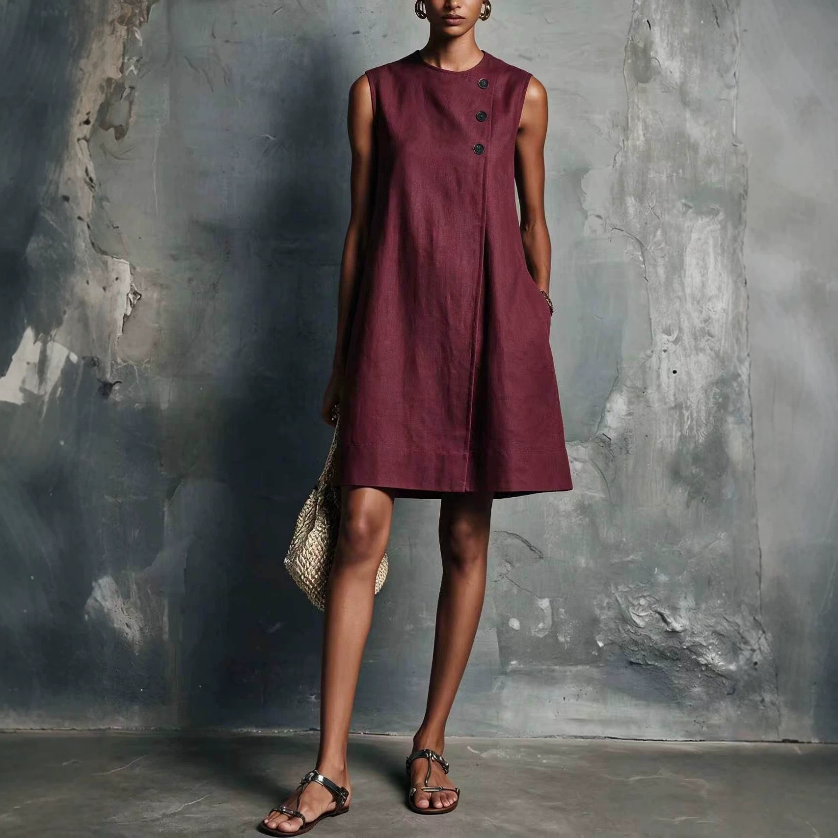 Minimalist Crewneck Sleeveless Dress with Asymmetric Buttons and Side Pockets