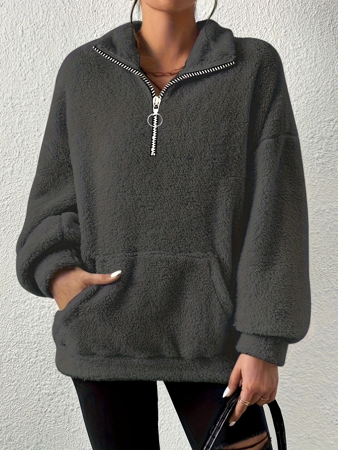 Fleece-Lined Zip-Up Hoodie for Women with Stand Collar and Pockets