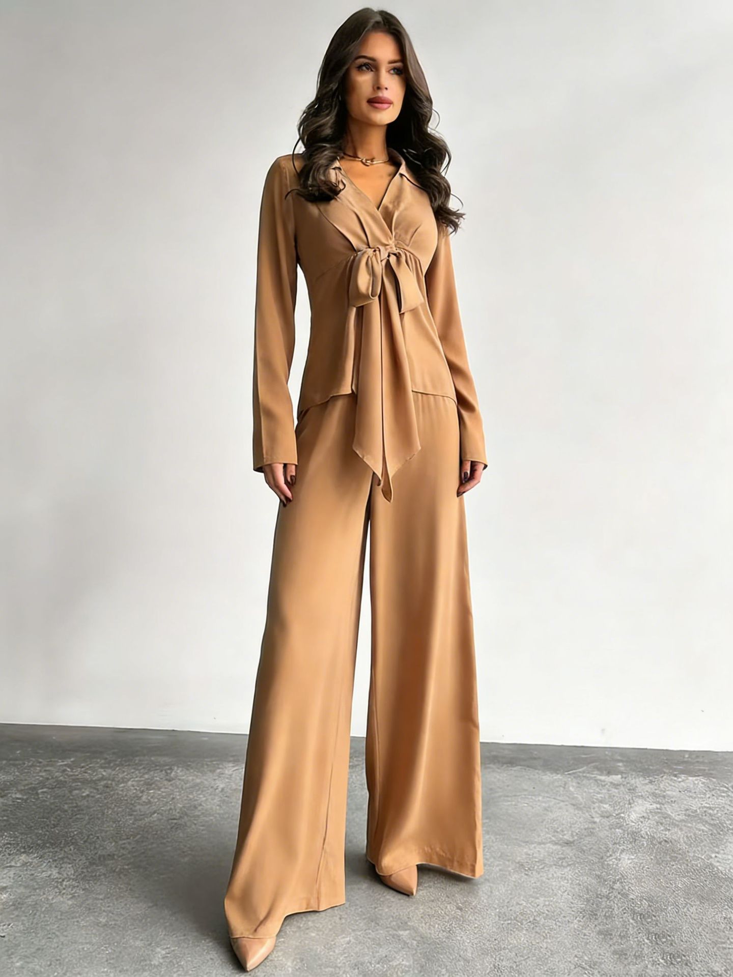 Women's Casual Two-Piece Set with Drawstring Top and Wide-Leg Pants