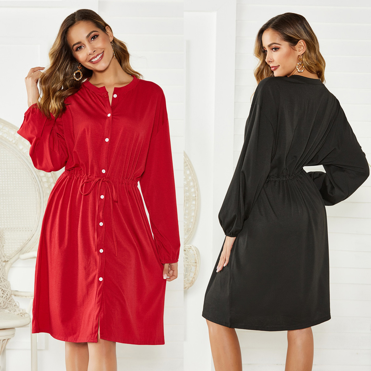Women's Knit Cardigan Dress with Belt and Elastic Cuffs