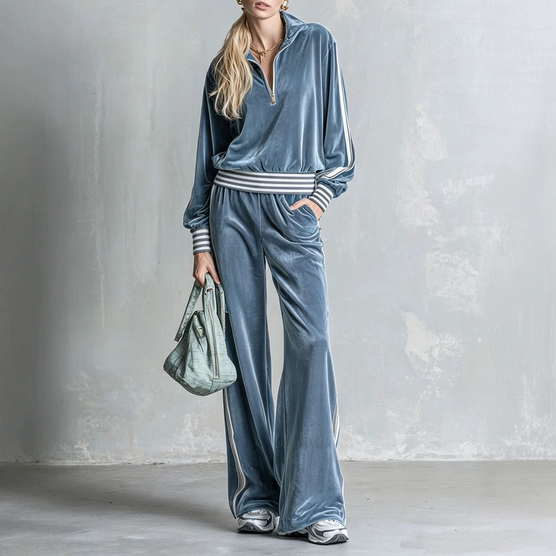 Velvet Side-Stripe Wide-Leg Drawstring Sweatpants