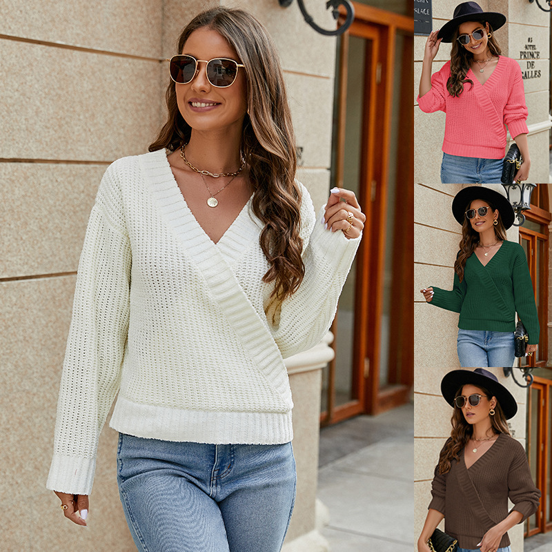 Women's Loose V-Neck Chenille Sweater Solid Color Knit Top