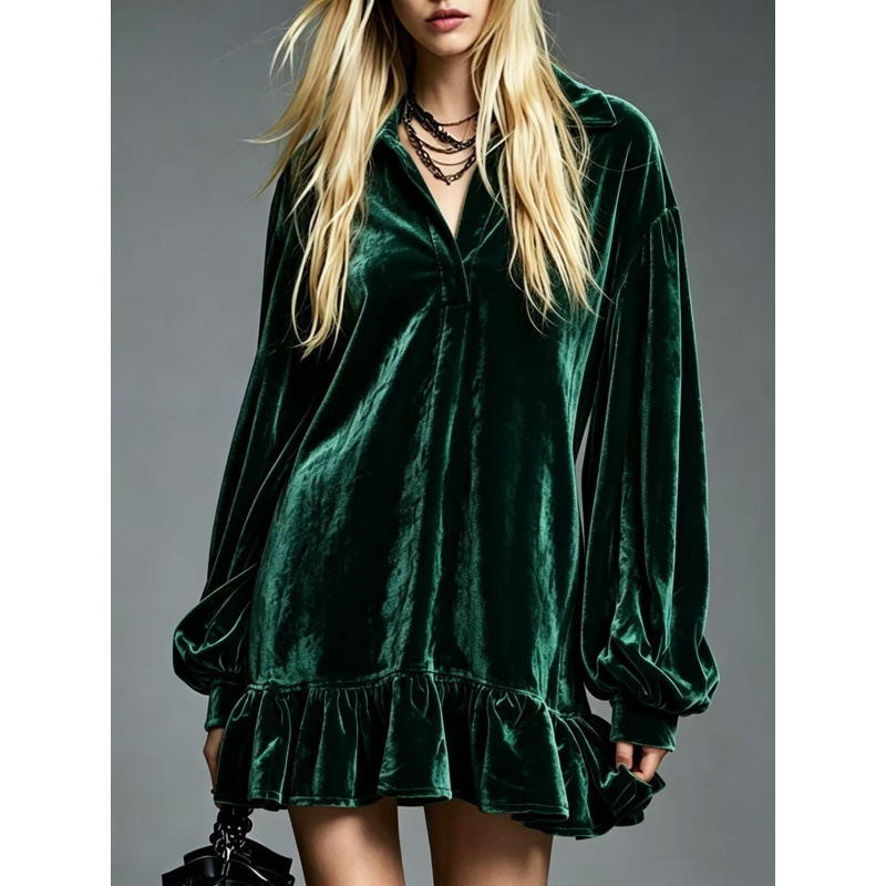 French-Style Velvet Lantern-Sleeve Ruffle Collared Shirt Dress