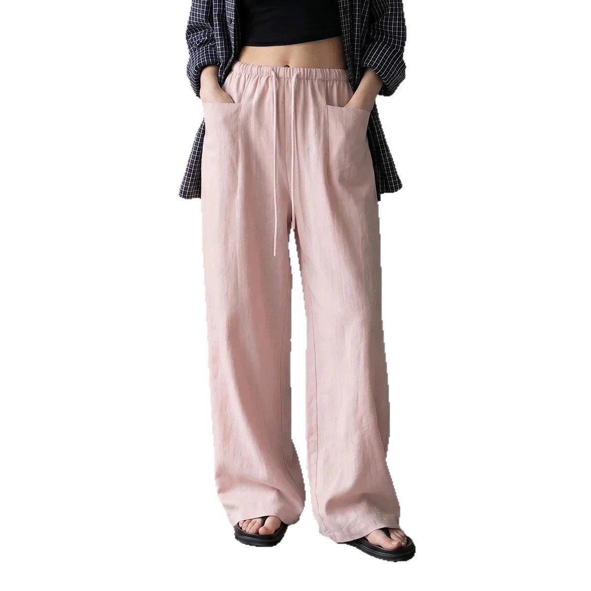 Women's Solid Color Wide-Leg High-Waist Drawstring Casual Pants