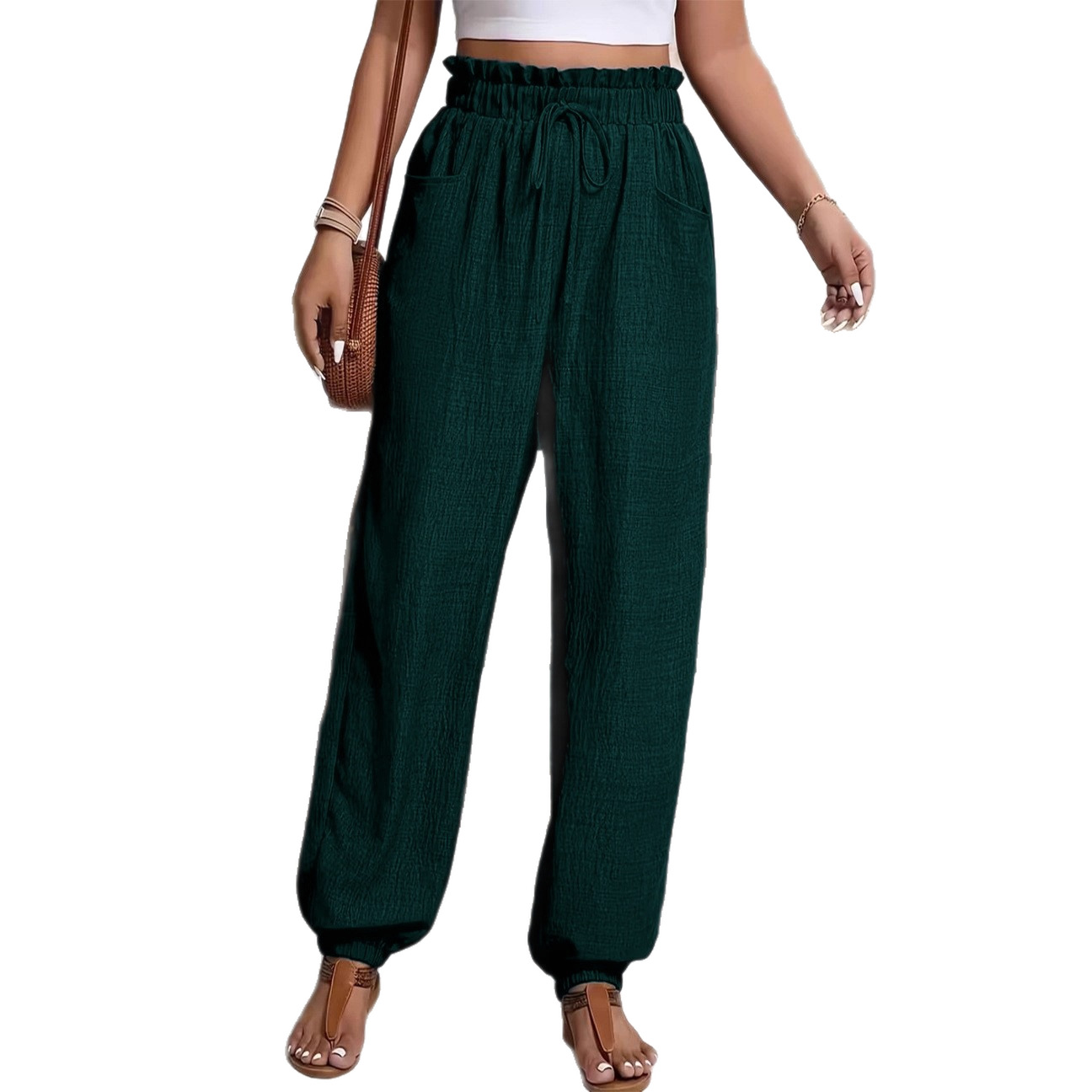 Solid Textured Lantern Pants with Ruffle Elastic Drawstring Waist and Dual Pockets