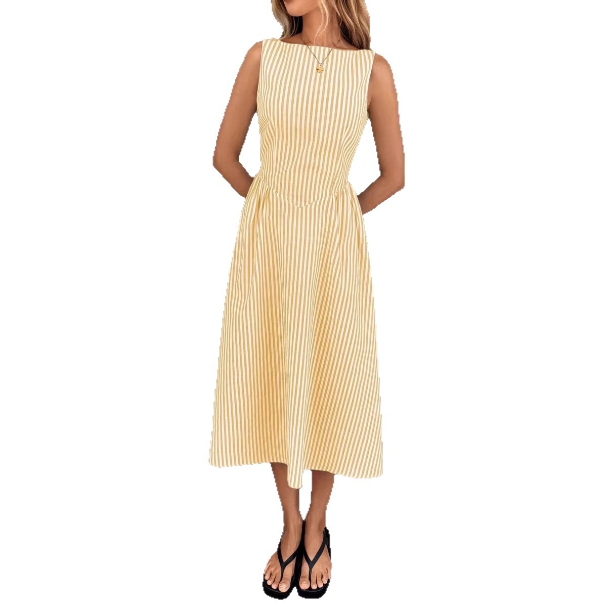 Striped Round Neck Cinched Waist Slimming Long Dress
