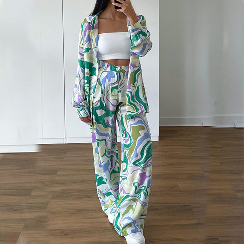 Women's Printed Shirt & Wide-Leg Pants Casual Set