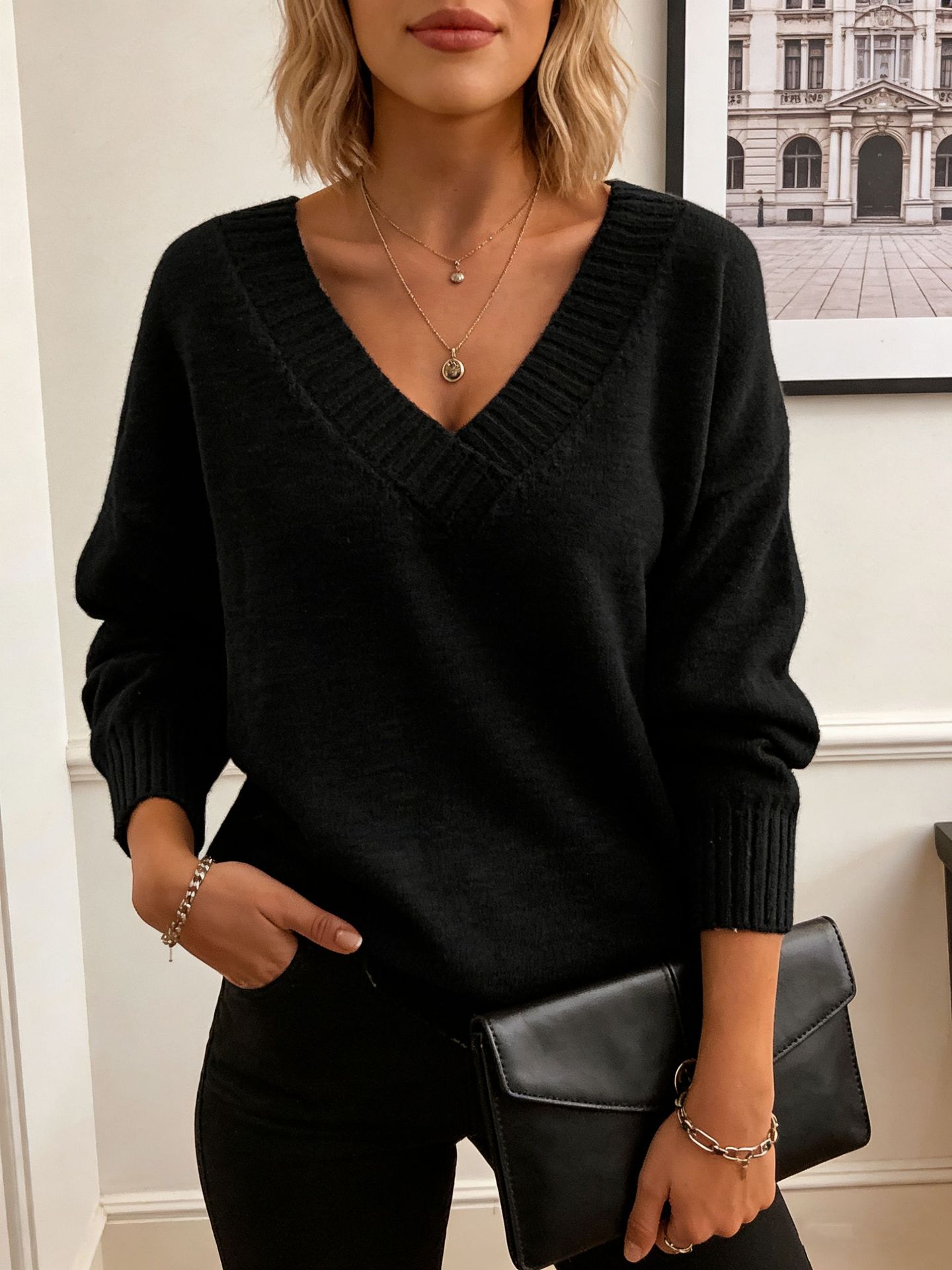 Women's Loose V-Neck Pullover Sweater Solid Color Knit Top