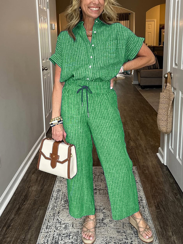 Women's Striped Two-Piece Set with Collared Short Sleeve Top and Straight-Leg Pants