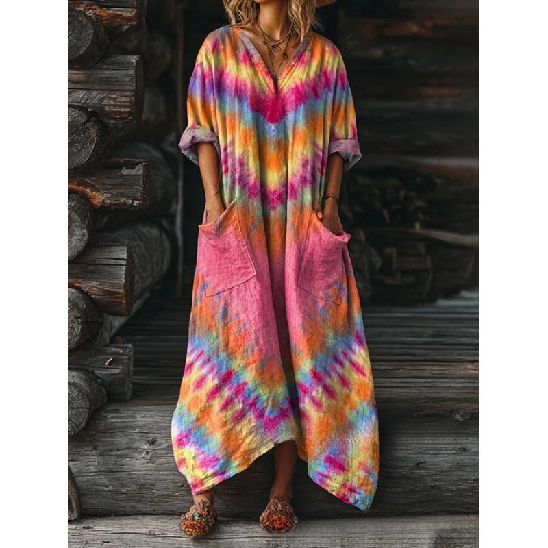Women's Floral Ripple Print V-Neck A-Line Midi Dress Long Sleeve