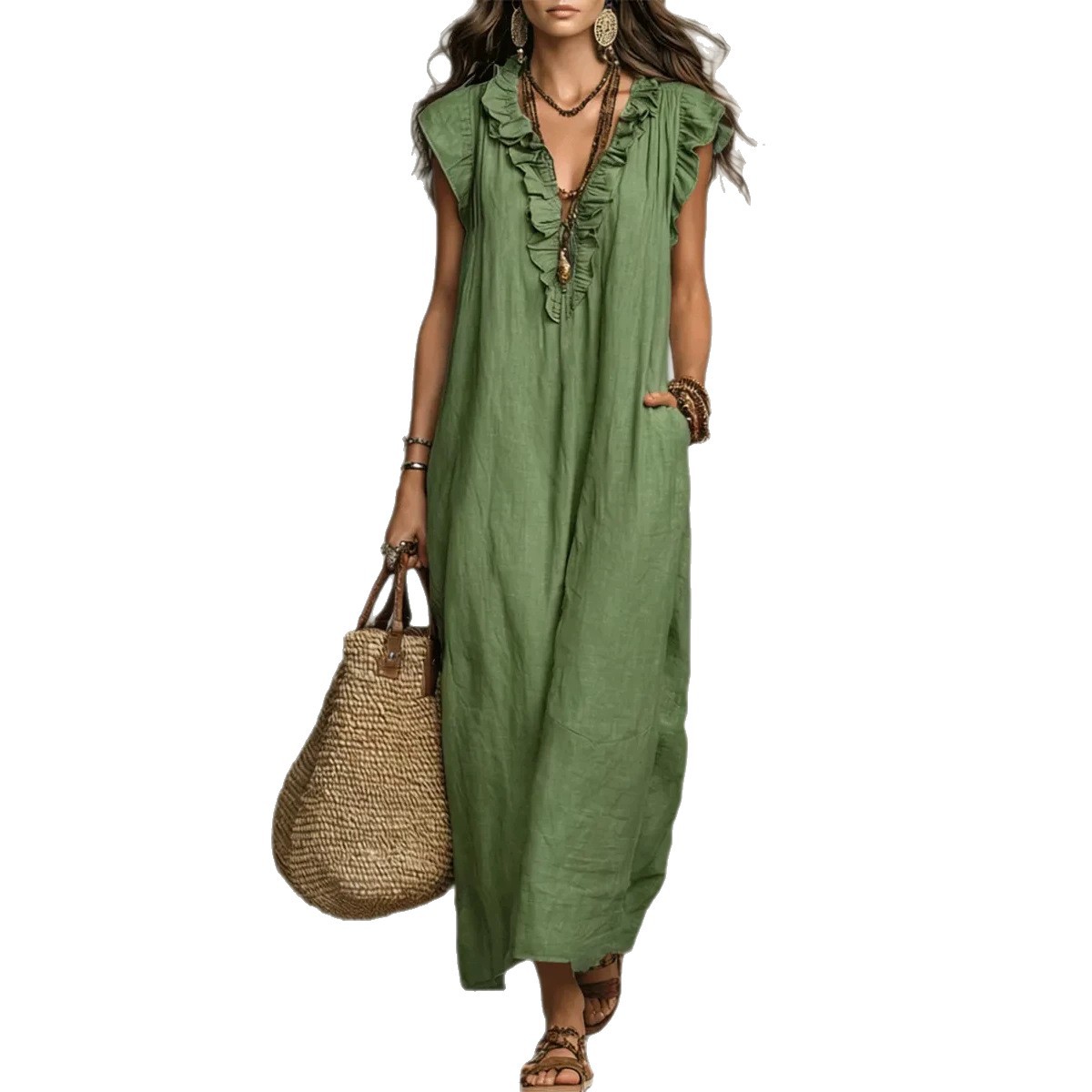 Boho Flutter-Sleeve Maxi Dress with Deep V-Neck