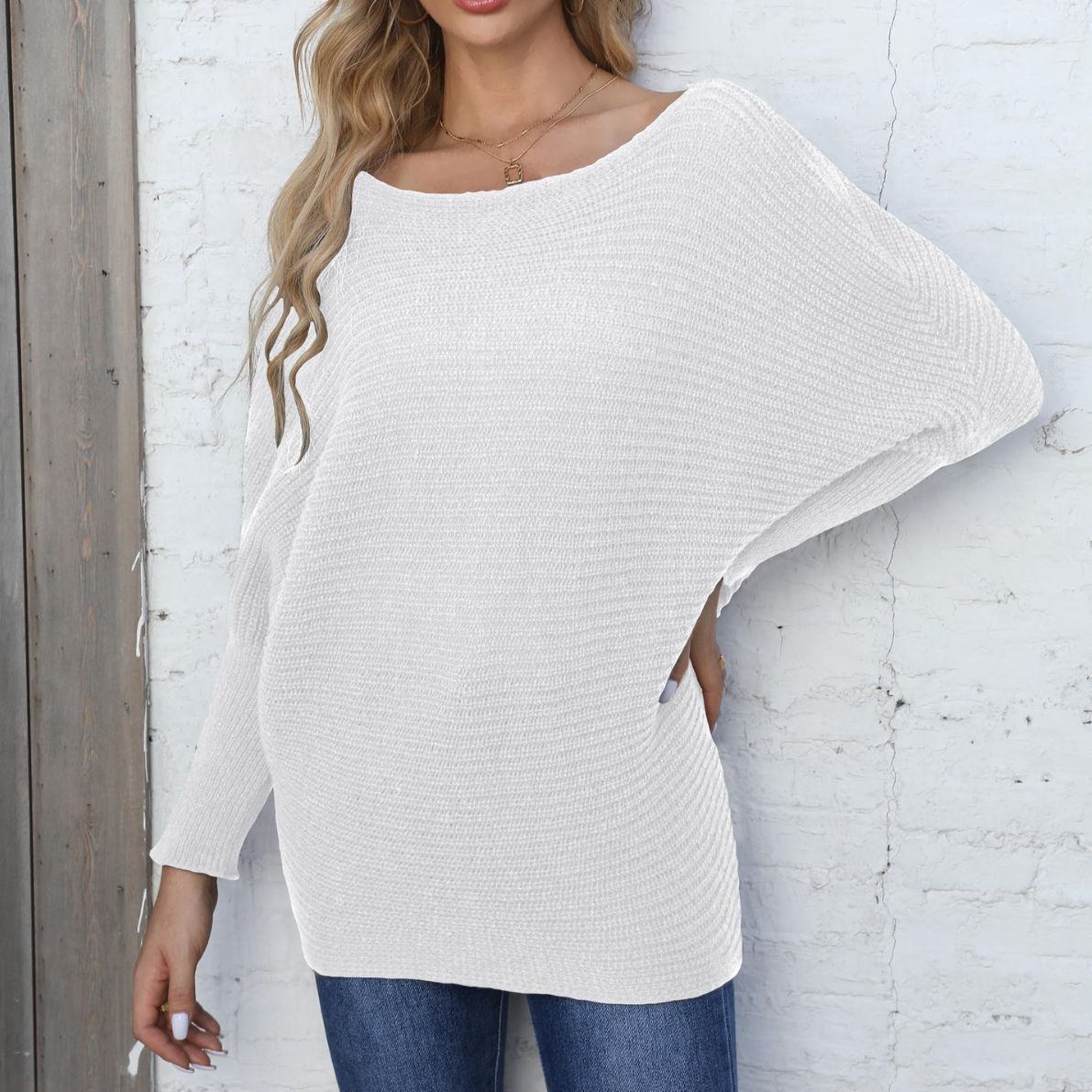 Women's Striped Batwing Sleeve Off-Shoulder Knit Sweater