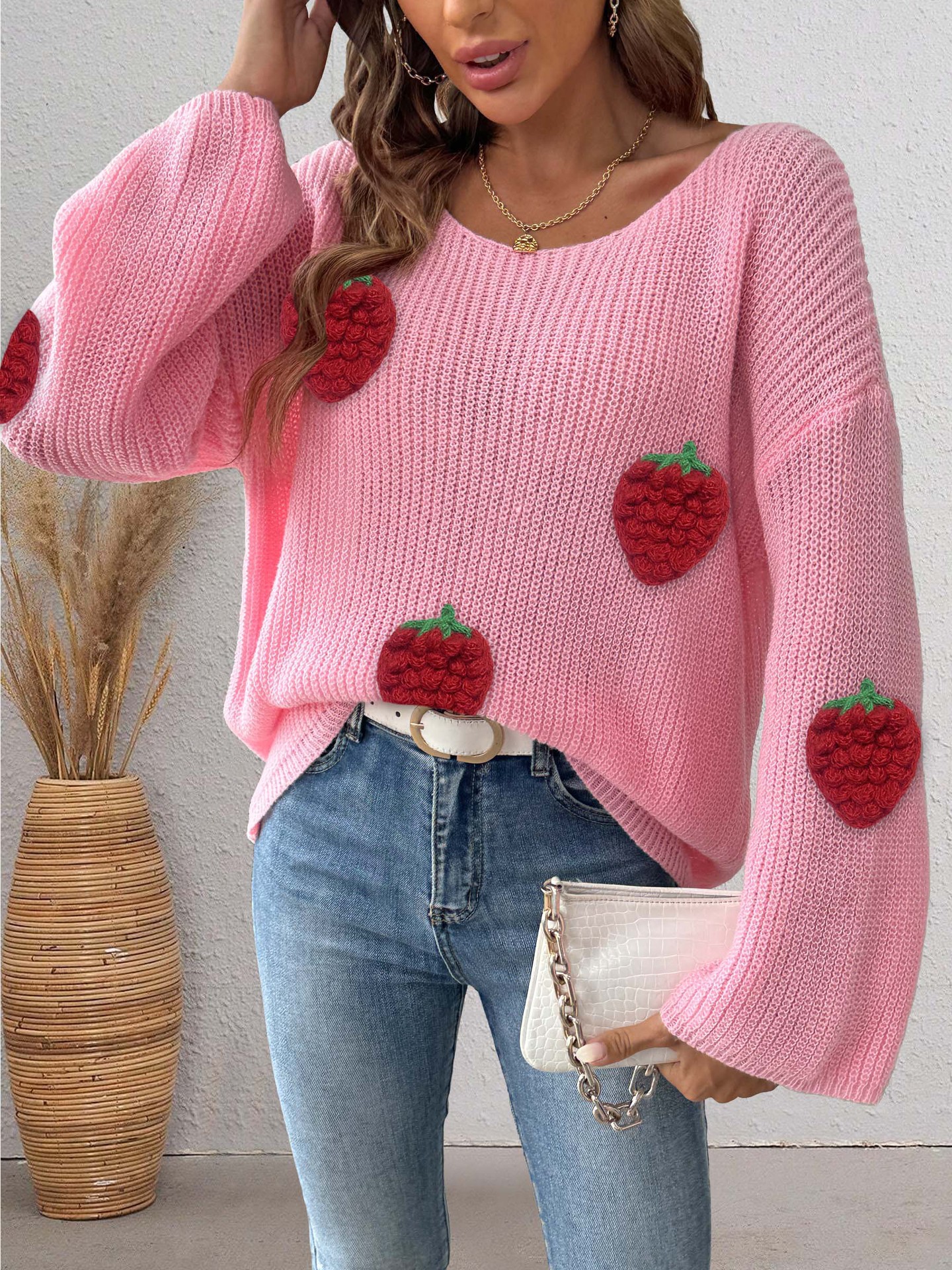 Women's Strawberry Applique Off-Shoulder Bell Sleeve Sweater