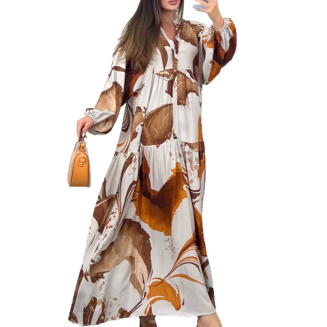 Printed V-Neck Long-Sleeve Loose Casual Maxi Dress