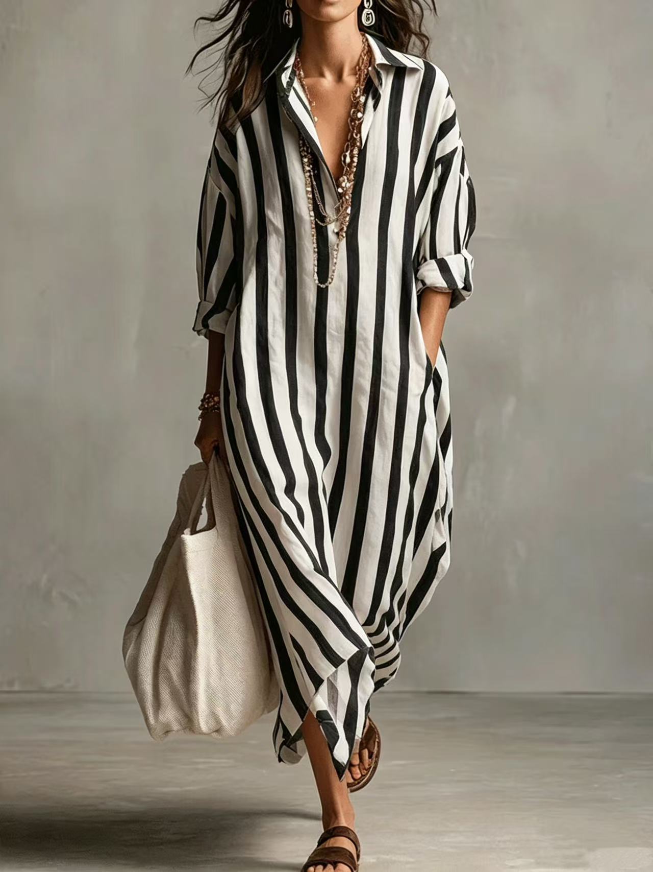 Women's Loose V-Neck Long Striped Print Shirt Dress