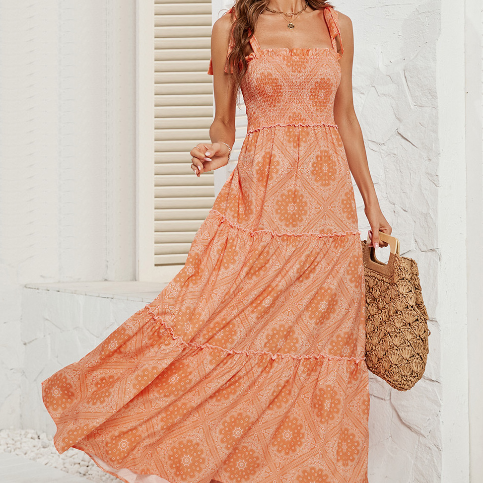 Women's Summer Floral Print Tiered Cami Dress with Lace-Up Back