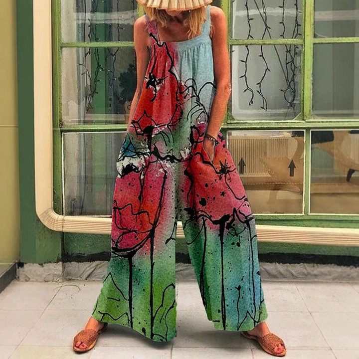 Women's Plus Size Floral Print Wide-Leg Jumpsuit with Straps