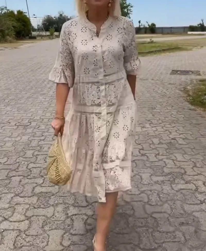 Women's Solid V-Neck Button Lace Panel Midi Dress