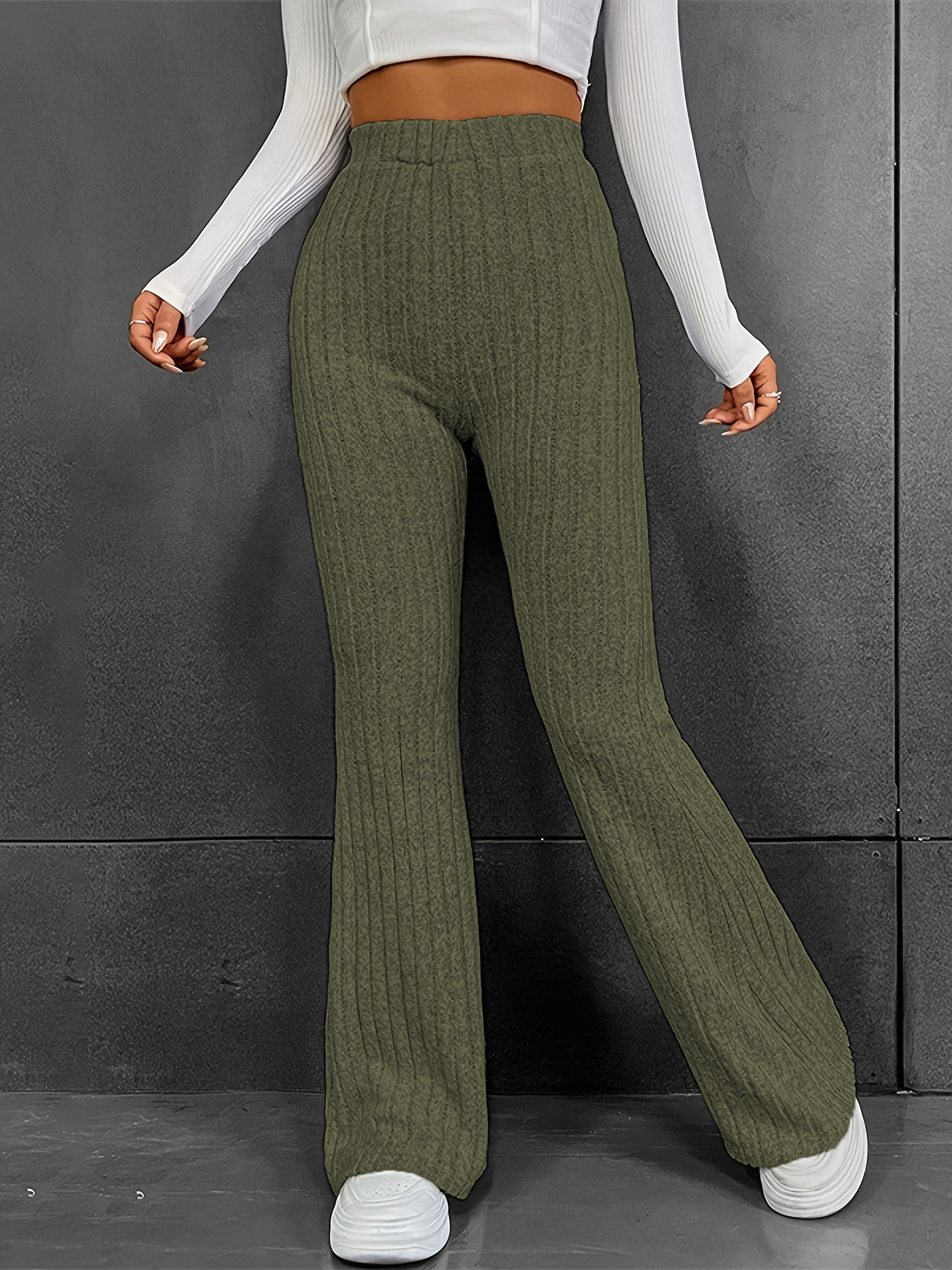Women's High-Waist Flare Pants Slimming Solid Color Casual Long Trousers