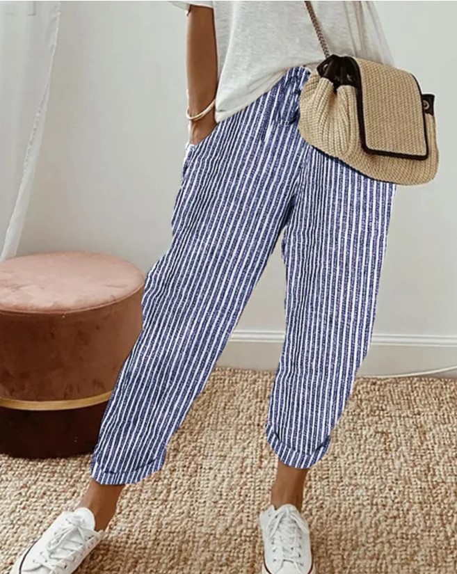 Striped Casual Pants Women Loose Elastic Waist