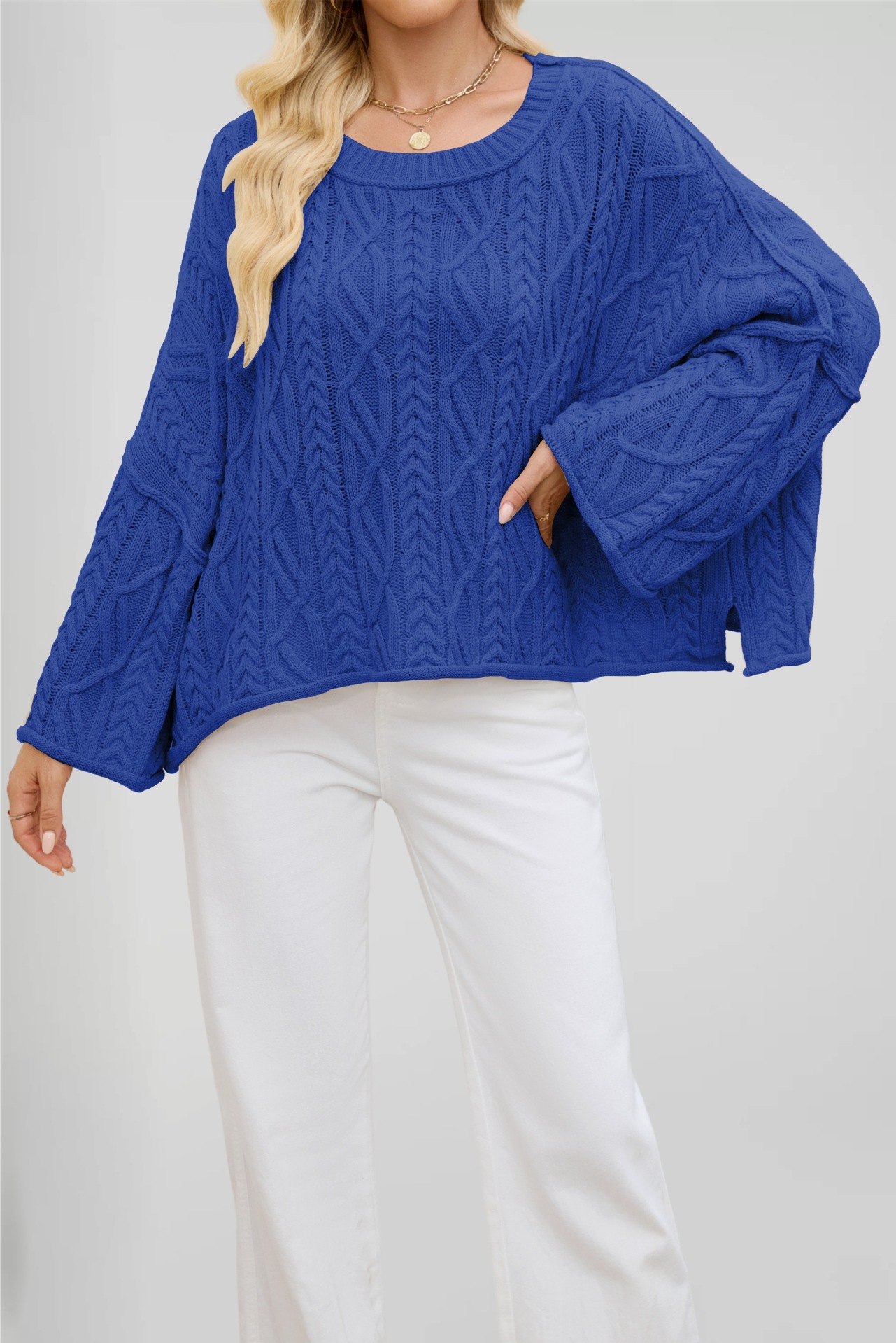 Cable-Knit Crewneck Loose Solid Color Sweater