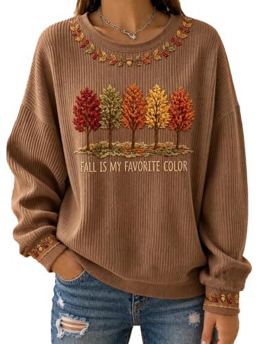 Women's Tree & Maple Leaf Print Crewneck Sweatshirt Casual Pullover
