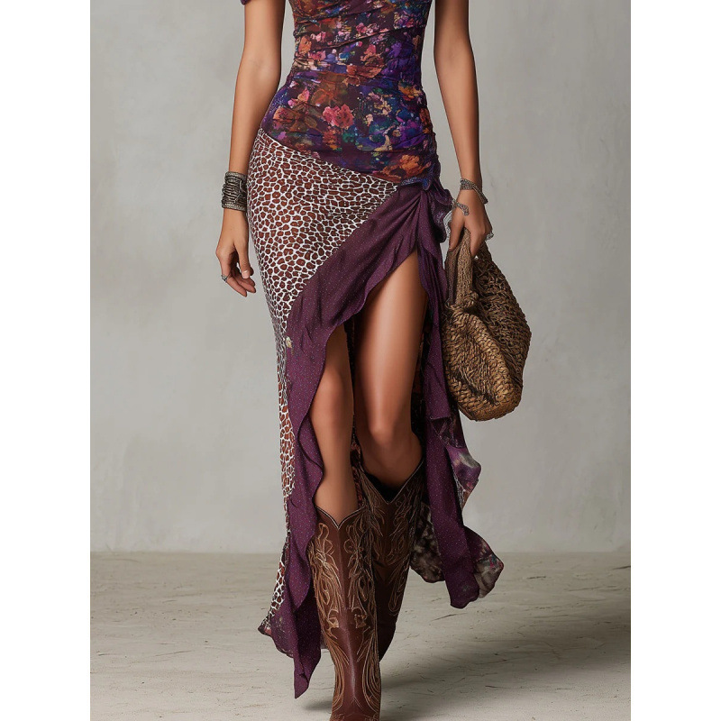 Women's Sleeveless Printed Patchwork Asymmetrical Maxi Dress