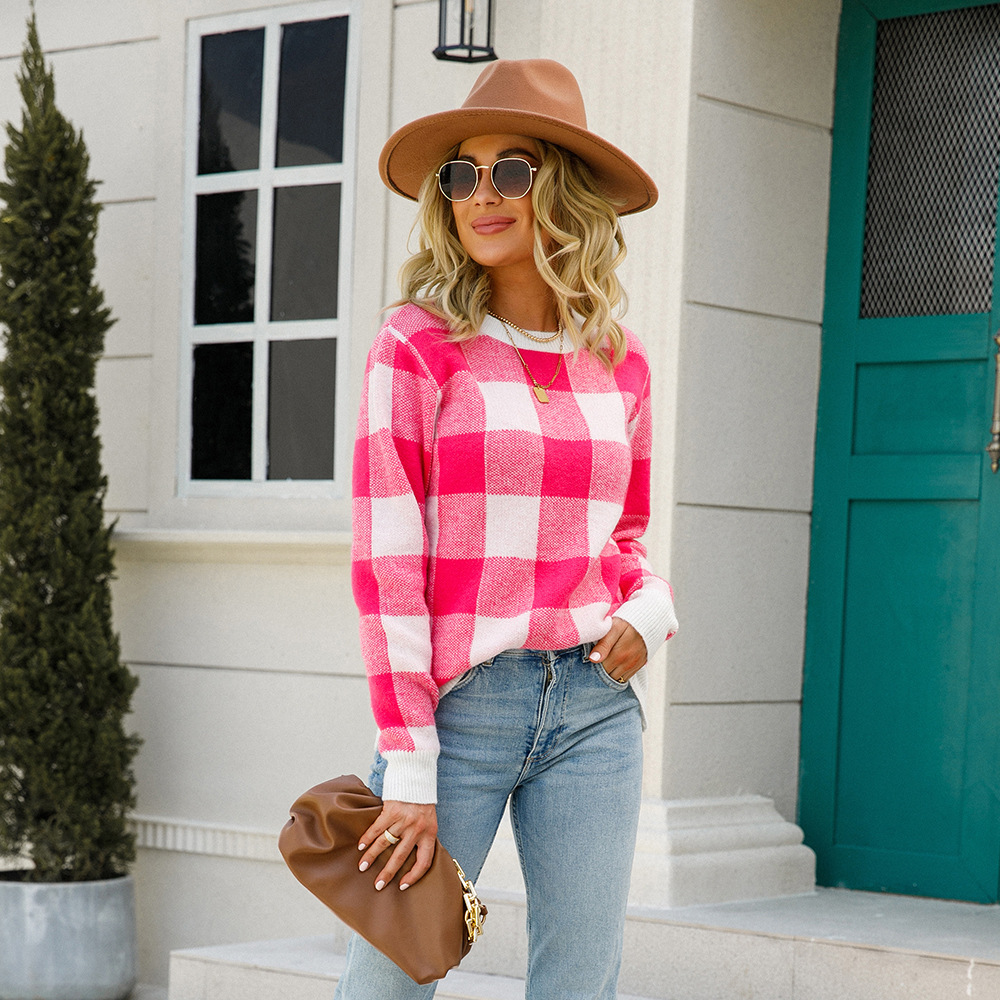 Winter Long Sleeve Crewneck Plaid Knit Pullover Sweater