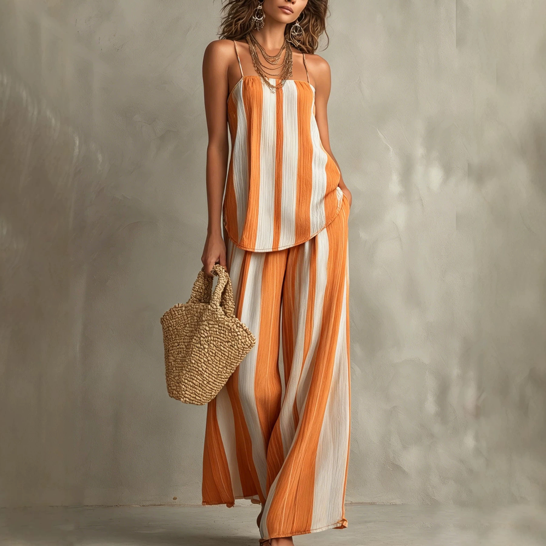 Striped Textured Cami & Wide-Leg Pants Two-Piece Set