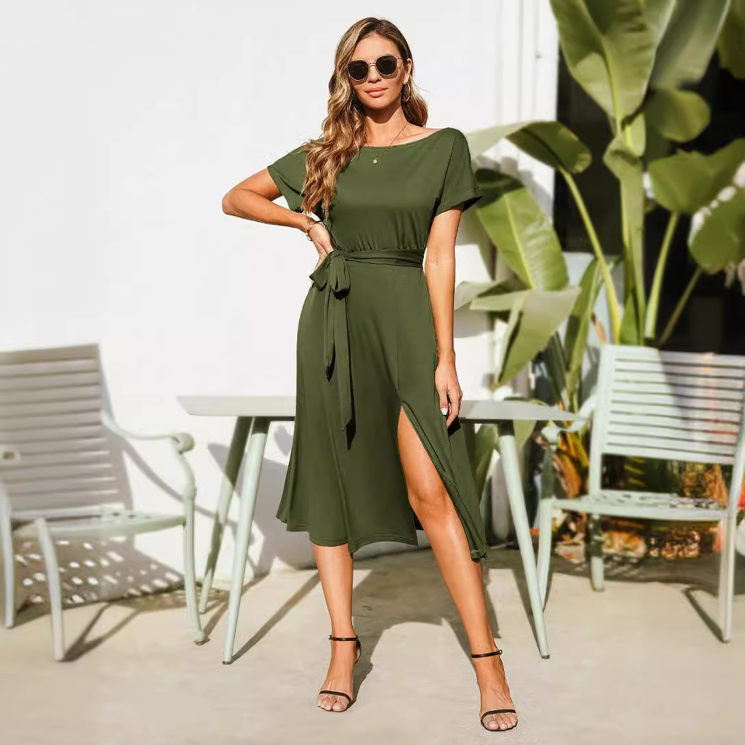 Women's Off-Shoulder Short Sleeve Tie-Waist Midi Dress with Slit