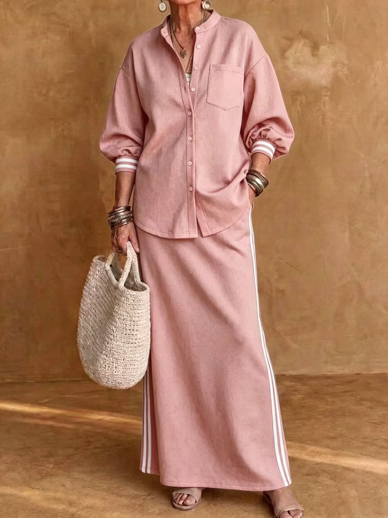 Women's Button-Up Collared Shirt and Striped Midi Skirt Two-Piece Set