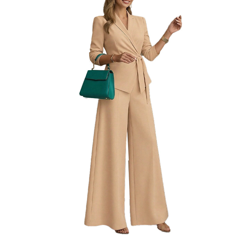 Women's Solid Color Tie Long Sleeve Wide Leg Pants Set
