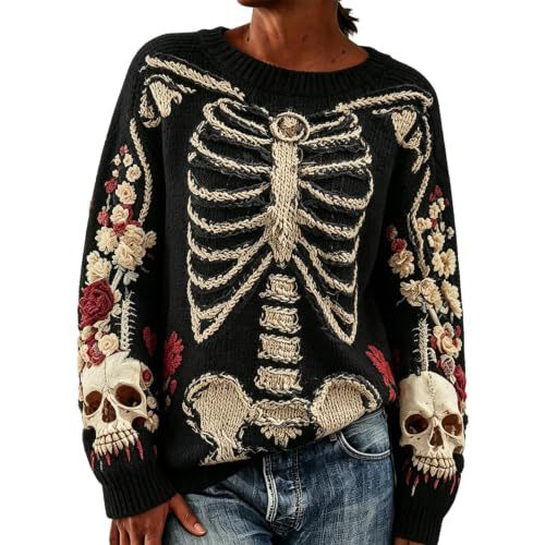 Women's Floral Heart Skeleton Print Crewneck Sweatshirt