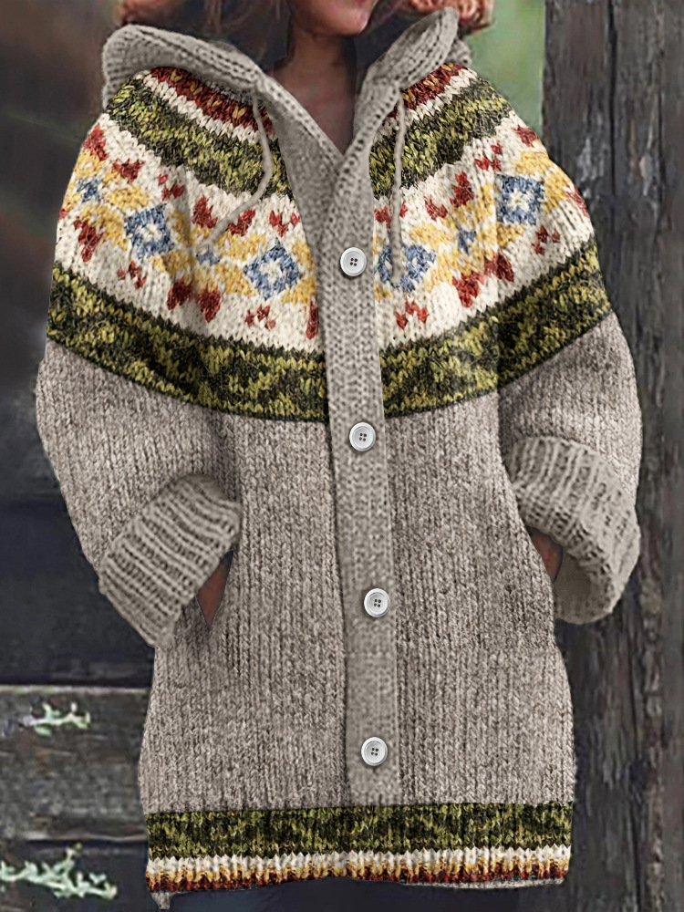 Women's Colorful Animal Print Hooded Button Cardigan Sweater