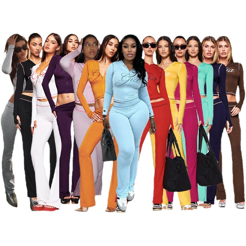 Women's Printed Hooded Long-Sleeve Thumbhole Two-Piece Set with Flared Pants