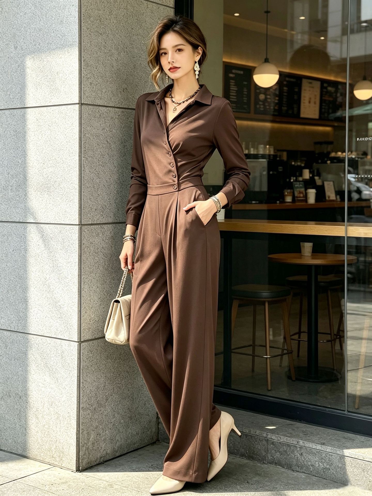 Minimalist High-Waist Long-Sleeve Jumpsuit