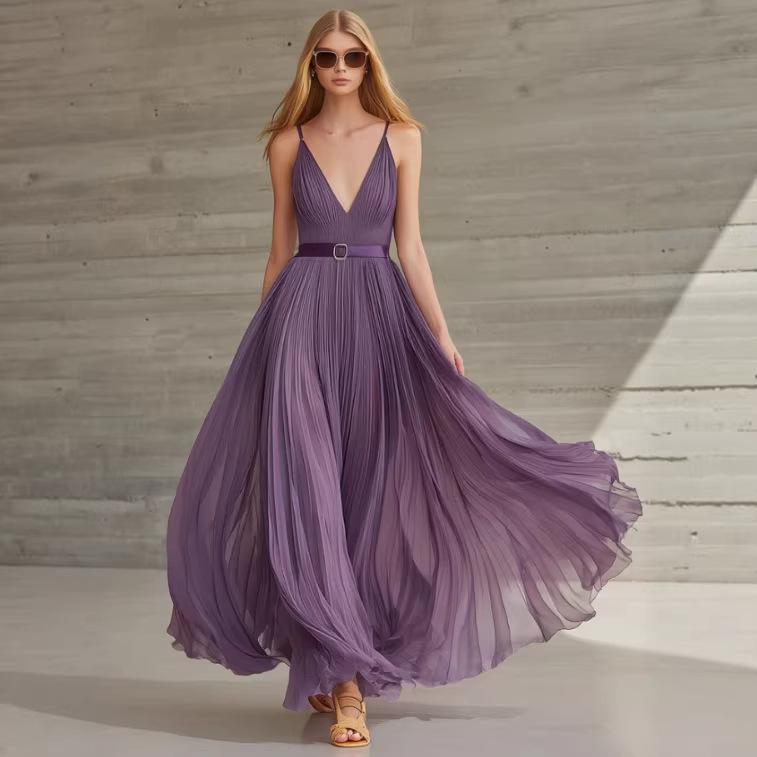 Purple Chiffon Pleated V-Neck Long Dress with Belt