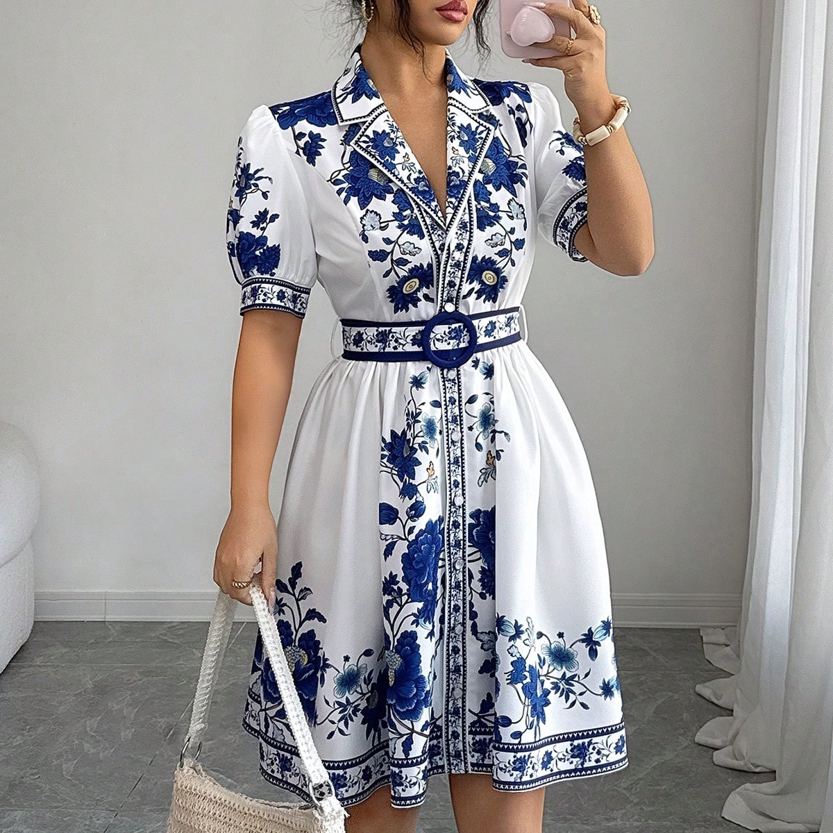 Floral Bubble Sleeve A-Line Mini Dress with Belt