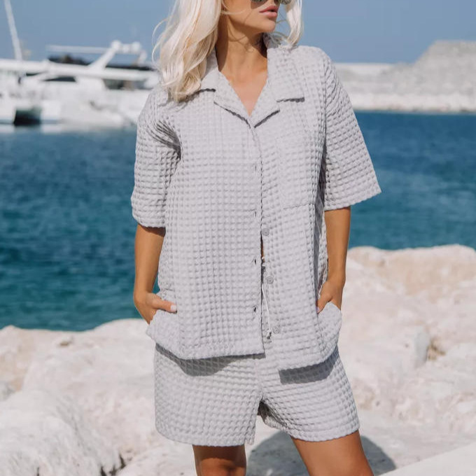 Women's V-Neck Short-Sleeve Shirt & Shorts Lounge Set Solid Color