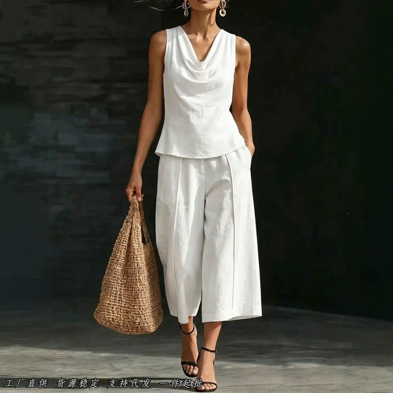 Women's Draped Cowl Neck Sleeveless Top & Cropped Wide-Leg Pants Set