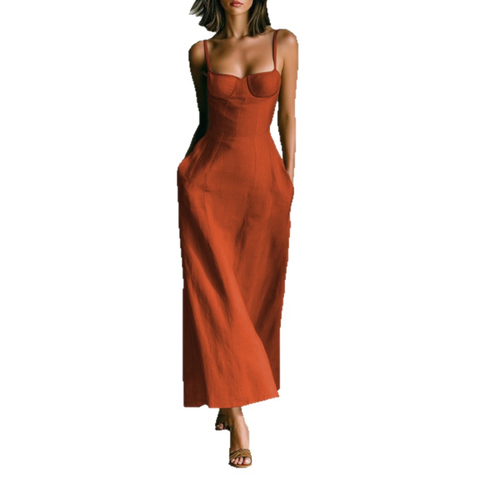 Women's French Waist-Cinched Sleeveless Midi Dress Solid Color